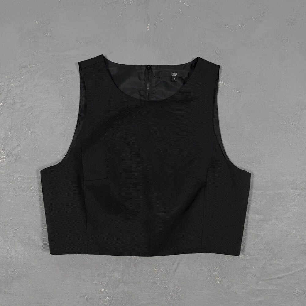 Tibi Black Cotton and Silk Blend Fitted Crop Top w/ Back Zip Closure Women's 10